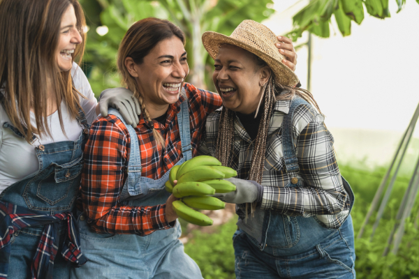 3 women smiling on a banana plantation